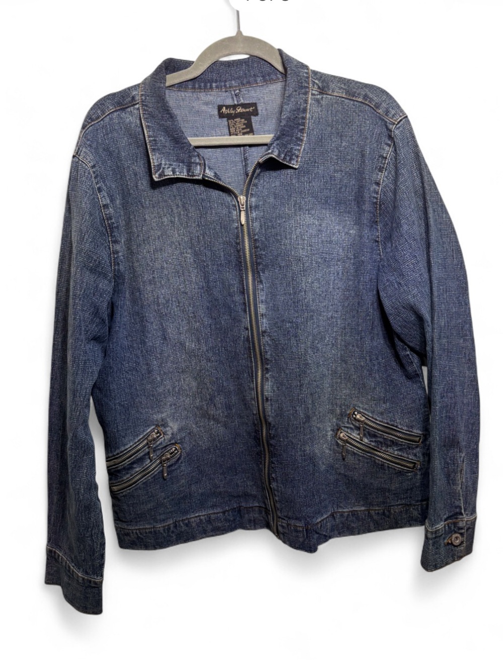 Ashley Stewart Double Zippered Denim Jacket 16W Pleated Lower Back Panel